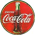 Drink Coca Cola 40 Inches by 40 Inches Round Oversized Red Metal Sign, with a Distressed Print and Look and Featuring The Coca-Cola Logo and a Retro Fountain Bottle, Licensed Coca-Cola Wall Decor