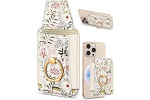 Shorogyt Compatible with Magsafe Wallet with Grip Magnetic Card Holder - Cute Phone Wallets with Ring Stand for iPhone 17/16/15/14/13/12 Series for Women Girls Flowers Design, Fit 7 Cards