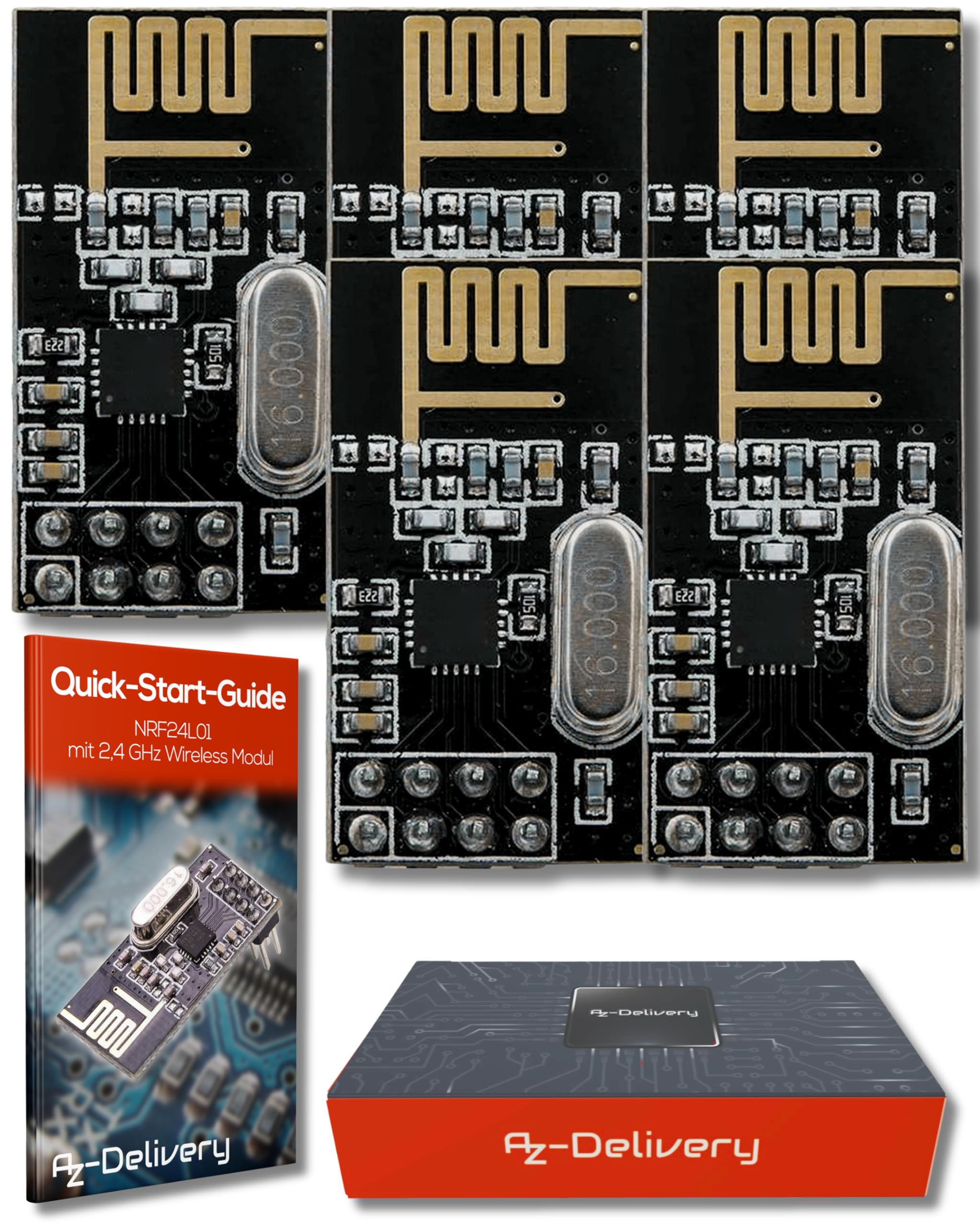 AZDelivery 5 x NRF24L01 + 2.4GHz Wireless RF Transceiver Module compatible with Arduino and ESP8266 Including E-Book!