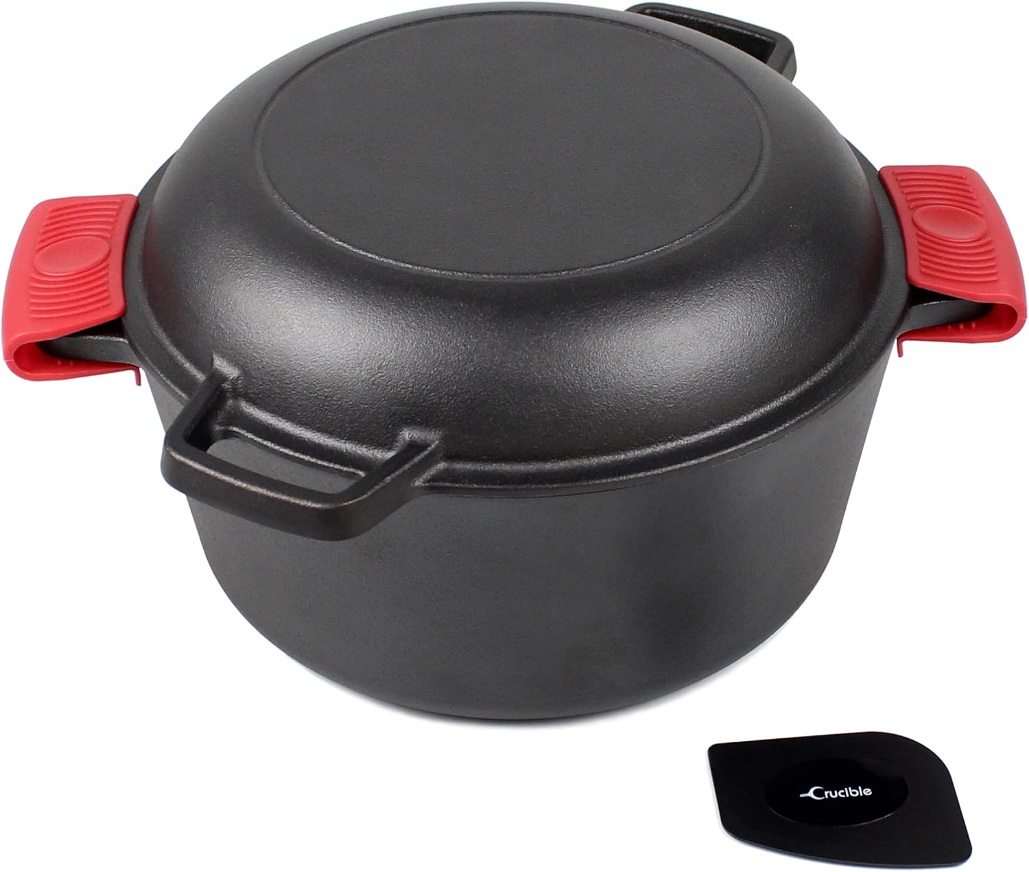 Cast Iron Dutch Oven with Skillet Lid - 10.23” diameter, 5 qt - Multi Cooker Stock Pot For Frying, Cooking, Baking & Broiling + 2 silicone potholders