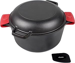 Cast Iron Dutch Oven with Skillet Lid - 10.23” diameter, 5 qt - Multi Cooker Stock Pot For Frying, Cooking, Baking & Broiling + 2 silicone potholders