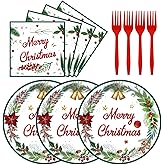 HiEnjoin 72PCS Christmas Paper Plates and Napkins, Disposable Holly Party Tableware Set with Forks, Dessert Plates Party Supplies for Merry Christmas Themed Holiday Decorations