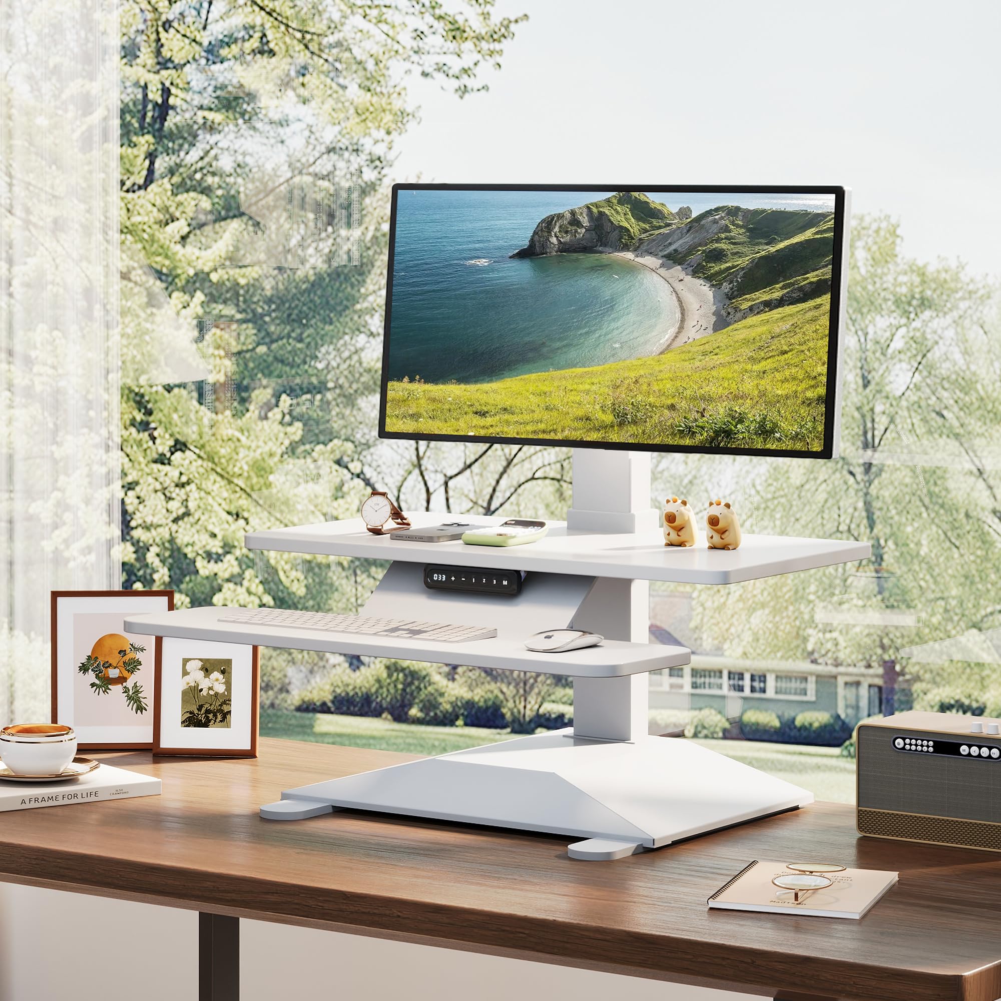 Photo 1 of Electric Standing Desk Converter 28" Wide, Height Adjustable Desk Riser, Computer Workstation, Sit-Stand Convertor for Home, Office, School (White, 1 Arm Included)