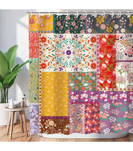 TKUYO Tenda da doccia patchwork per bagno, stile retrò, vintage