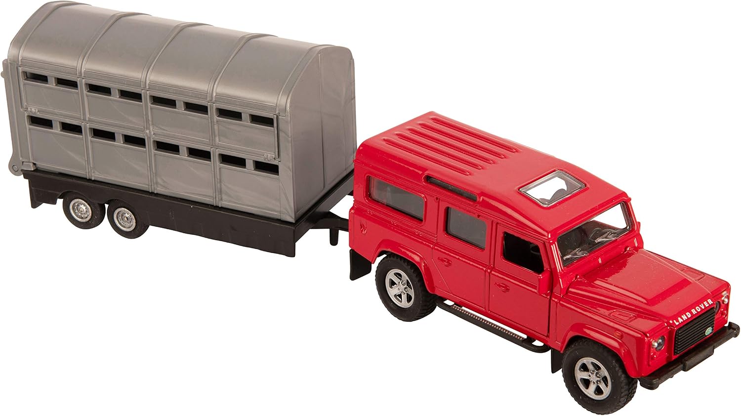 NEW 4X4 GREEN/ RED LAND ROVER CAR WITH SILVER LIVESTOCK TRAILER 1:43 SCALE TEAMSTERS, 5.1 inches - Image 3