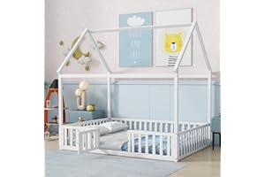 Aoowow Full Size Floor Bed Full House Bed Frame with Door and Fence, Wooden Montessori Floor Bed Kids Playhouse for Boys Girls for Bedroom,Full-White