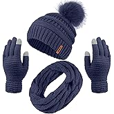 Aneco Womens Winter Warm Sets Knitted Fur Pompoms Beanie Hat Circle Loop Scarf Touch Screen Gloves Winter Favor Accessories