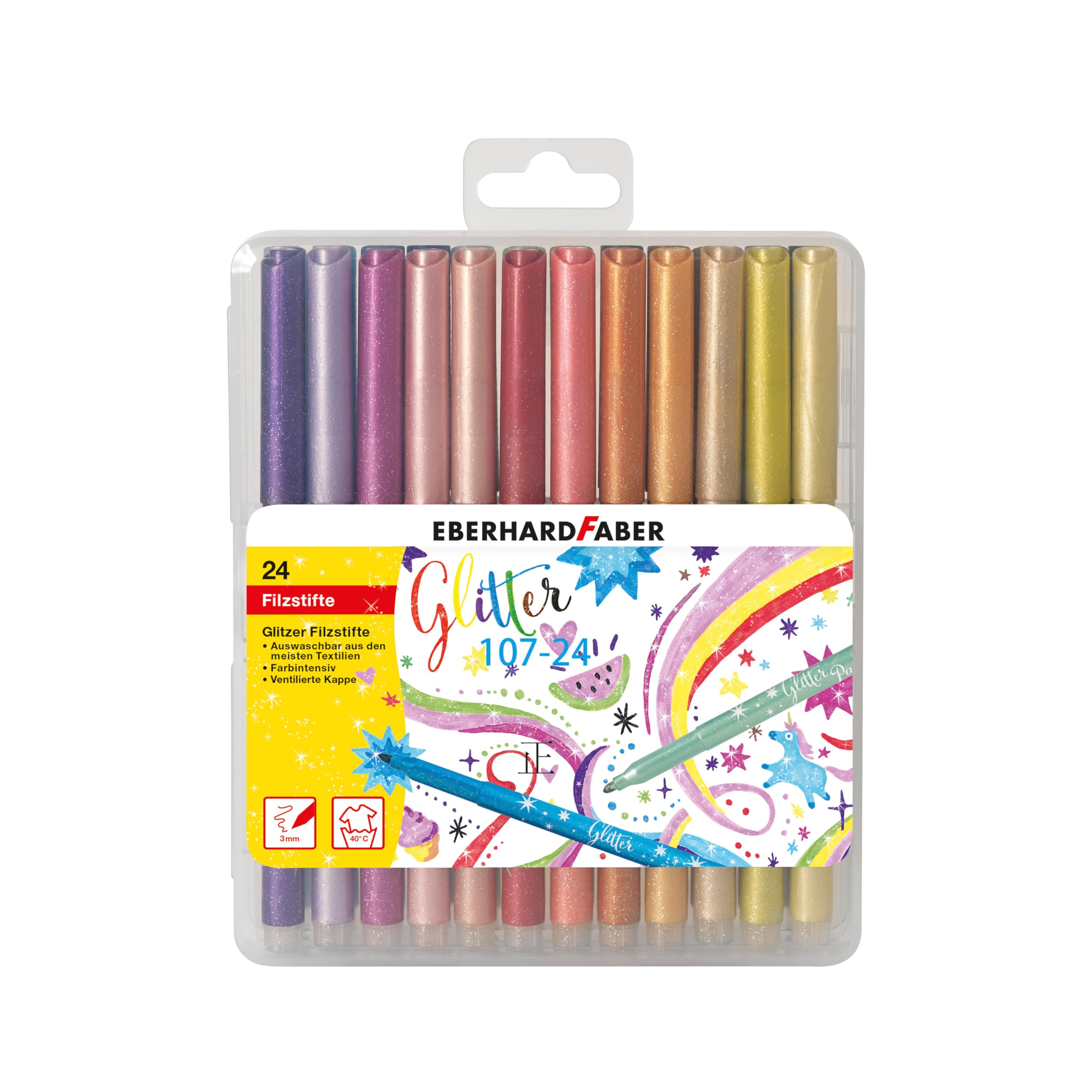Eberhard Faber 551024 Glitter Felt Tip Pen Set, 24 Colouring Pens with Basic and Pastel Colours