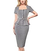 VFSHOW Womens 2024 Business Work Office Square Neck Belted Peplum Buttons Slim Bodycon Sheath Dress