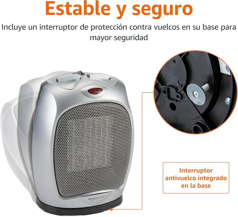 Aquecedor cerâmico oscilante, 1800 W, com termóstato ajustável, prateado