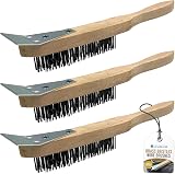 TDBS Wooden Handle 4 Row Steel Wire Brush Set with Scraper – 3 Pack view 1