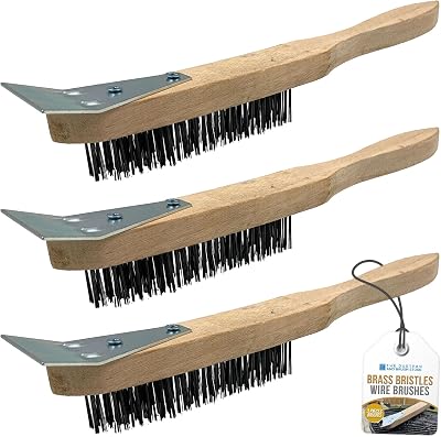 TDBS Wooden Handle 4 Row Steel Wire Brush Set with Scraper – 3 Pack
