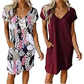 Ekouaer Womens 2 Pack Nightgown V Neck Sleepshirt Short Sleeve Nightshirt Plain/Floral Pajama Dress with Pockets