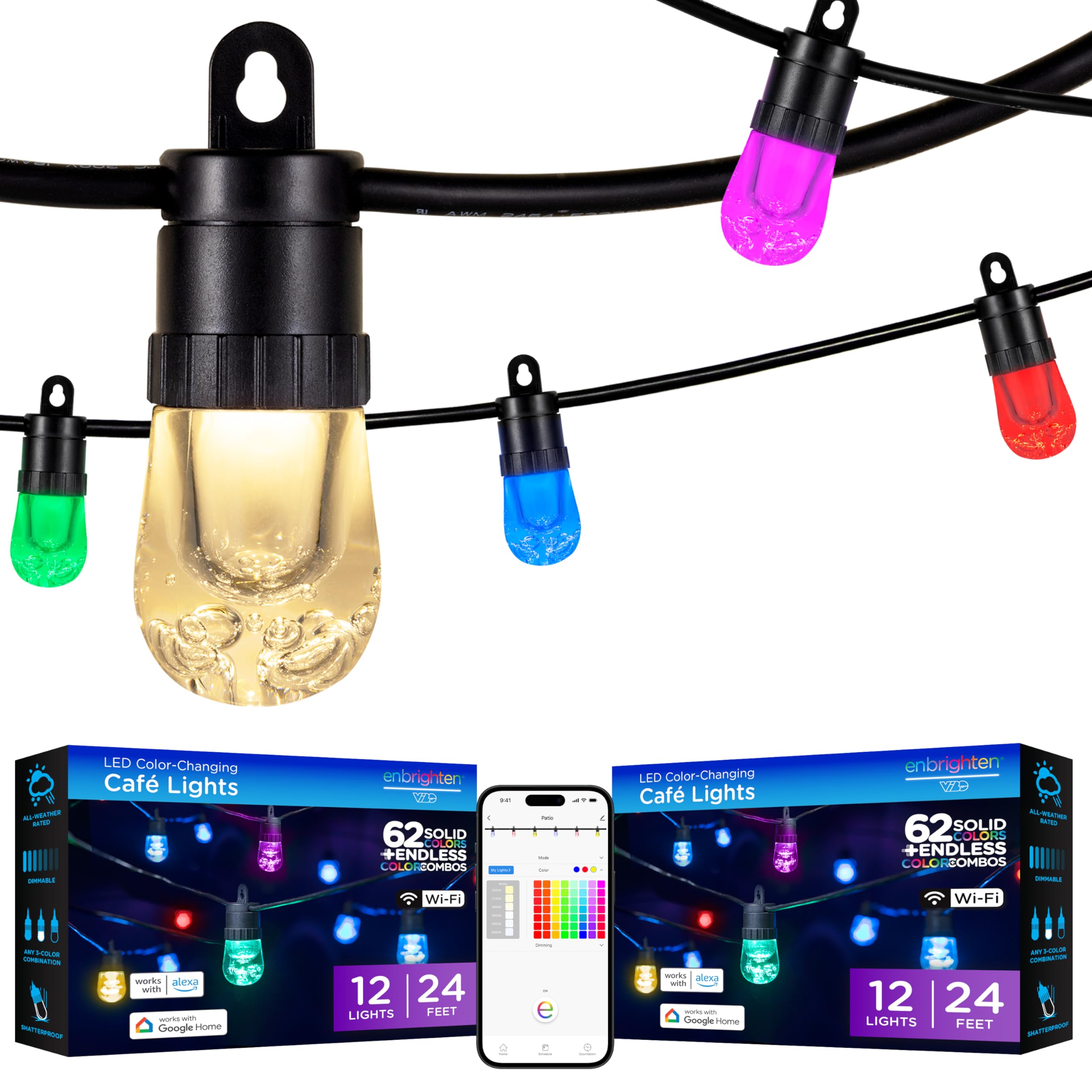 Photo 1 of Enbrighten Vibe Smart Color Changing String Lights, 24ft Black Cord, 12 Shatterproof Acrylic Bulbs, Weatherproof, Dimmable, Outdoor String Lights, Works with Alexa, Google Home, 2 Pack, 82764