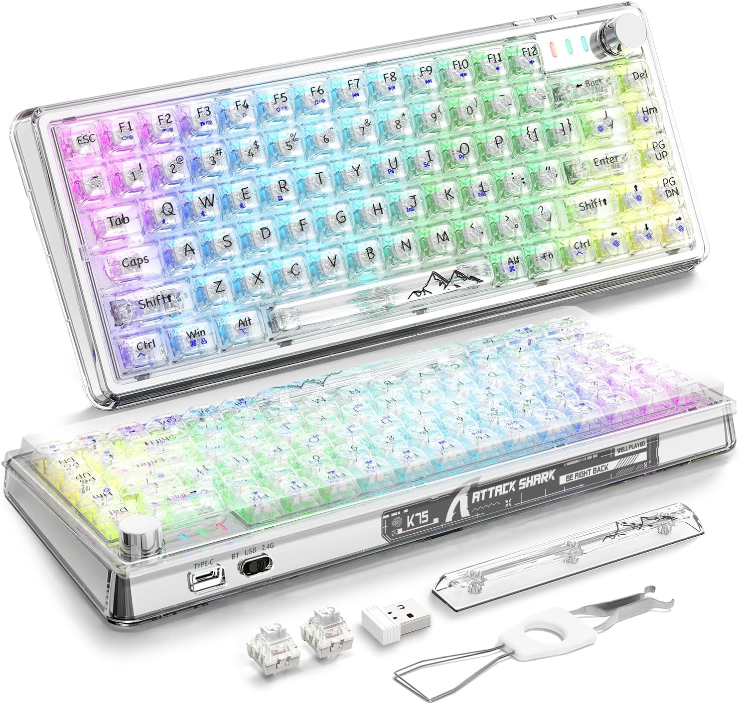 VGN GAMEPOWER K75 PRO 75% Custom Mechanical Keyboard with Knob & Transparent Keycap,Gasket Mounted TKL 82Keys Hot Swap Keyboard,Support QMK/VIA,2.4Ghz/BT5.0/USB-C Wired,Custom RGB,EVA Foam,for Win/Mac