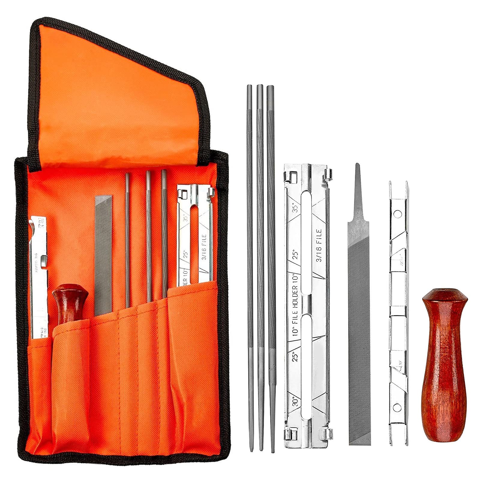 OKPOW Chainsaw Sharpener File Kit - Includes 5/32, 3/16, and 7/32 Round Files, 6 Inch Flat File, Wood Handle, Depth Gauge, Filing Guide, and Tool Pouch - for Sharpening Chain Saw Blades, 8 Piece