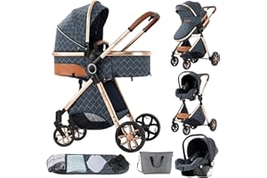SUTTONBEBE 3 in 1 Baby Travel System Reversible Baby Stroller Pushchair Portable Baby Standard Pram Buggy Baby Carriage Foldable Luxury Baby High Landscape Pram for Toddler Newborn (MGV9-BLUE Without Base)