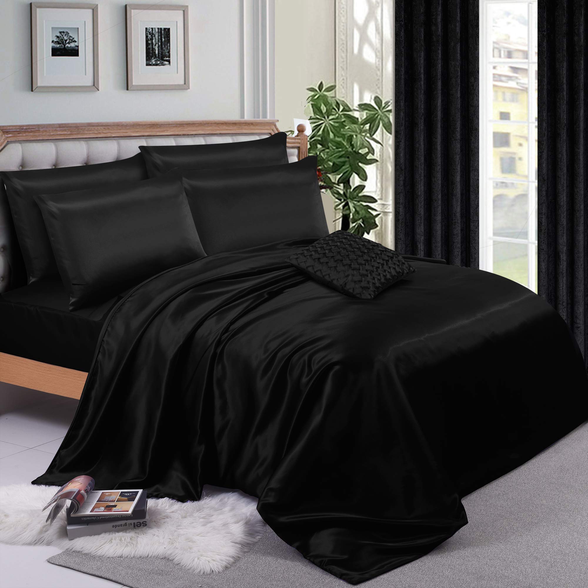 ZIMEL HOMES 4-Piece Satin Bedding Set – Soft, Silky & Shiny Bed Sheets – Includes Duvet Cover, Fitted Sheet & 2 Pillowcases (Black, Single)