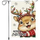 Christmas Garden Flag 12x18 Inch Double Sided Burlap Holiday Yard Flag Cute Reindeer Squirrel with Lights Small Winter Outdoor Decoration for Lawn Porch Patio Tree