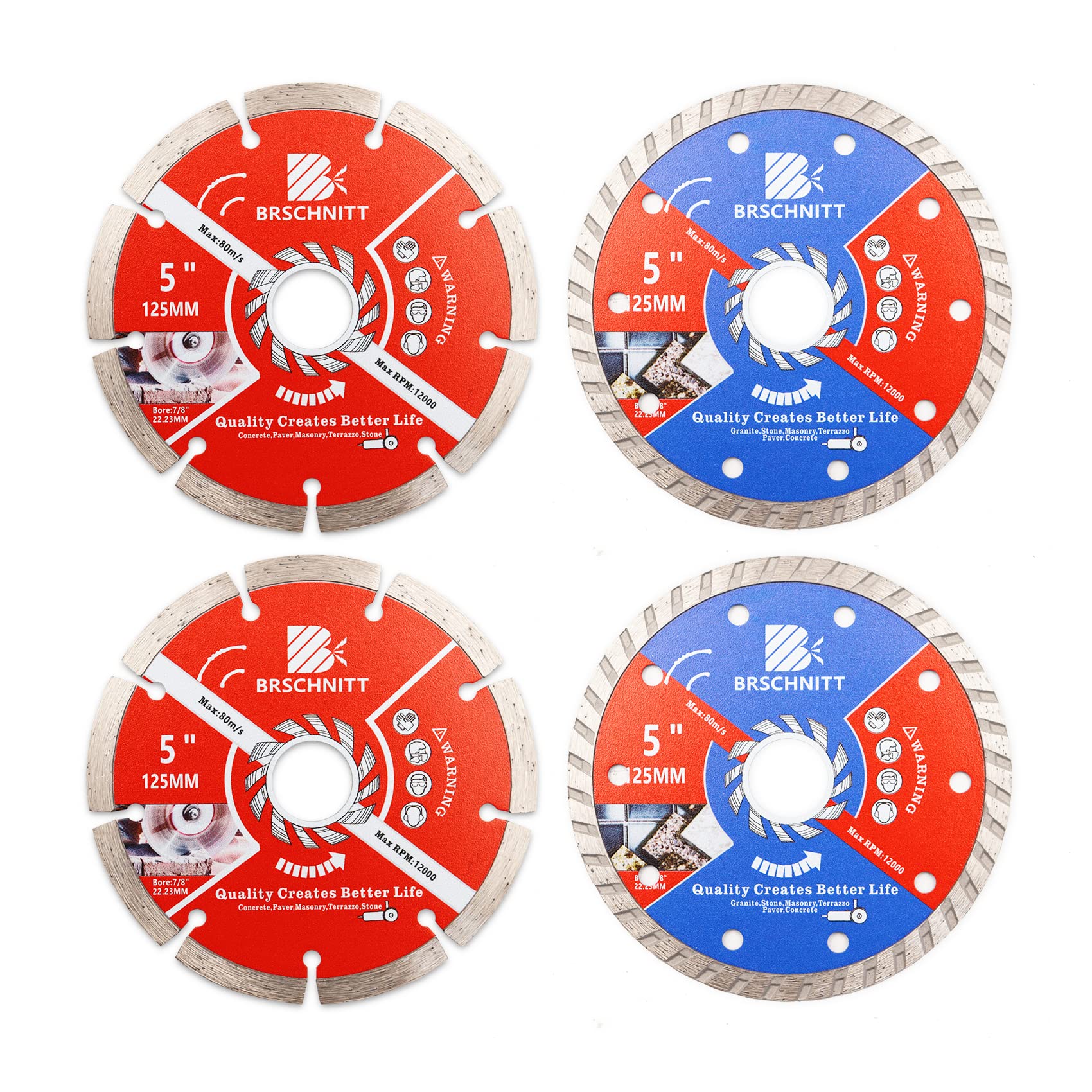 BRSCHNITT Diamond Disc Set,125mm Arbor 22.23mm - 16mm for Granite,Stone,Masonry,Terrazzo,Paver,Concrete,Pack of 4 Dry/Wet Circular Saw Cutter Diamond Cutting Disc