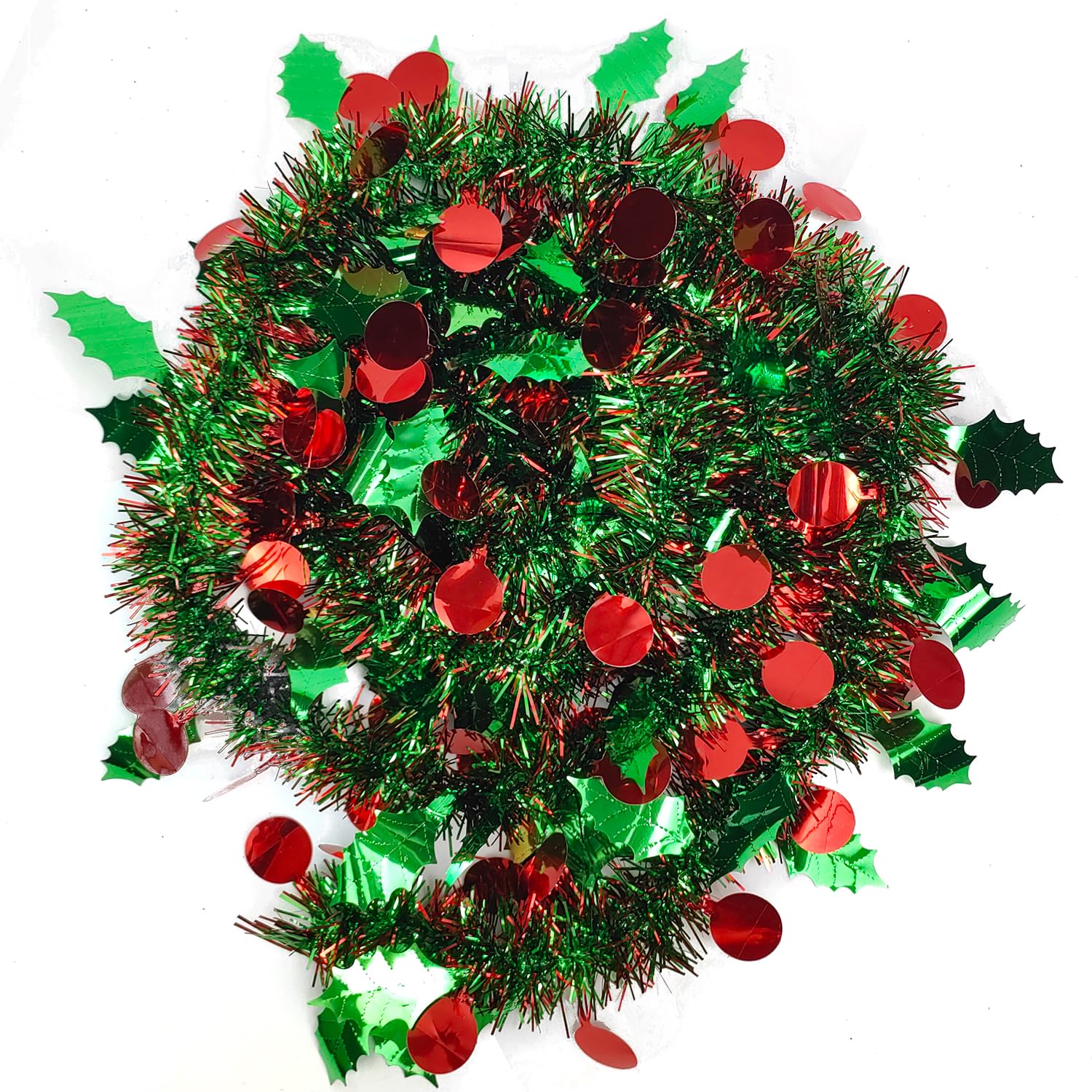 Folytiy 32.8ft Christmas Tinsel with Frosted Tip Leafs and Red Berry,Shinny Metallic Twist Tinsel Garland for Christmas Tree Ceiling Hanging Stairs Decoration Holiday Party Supplies (Green)