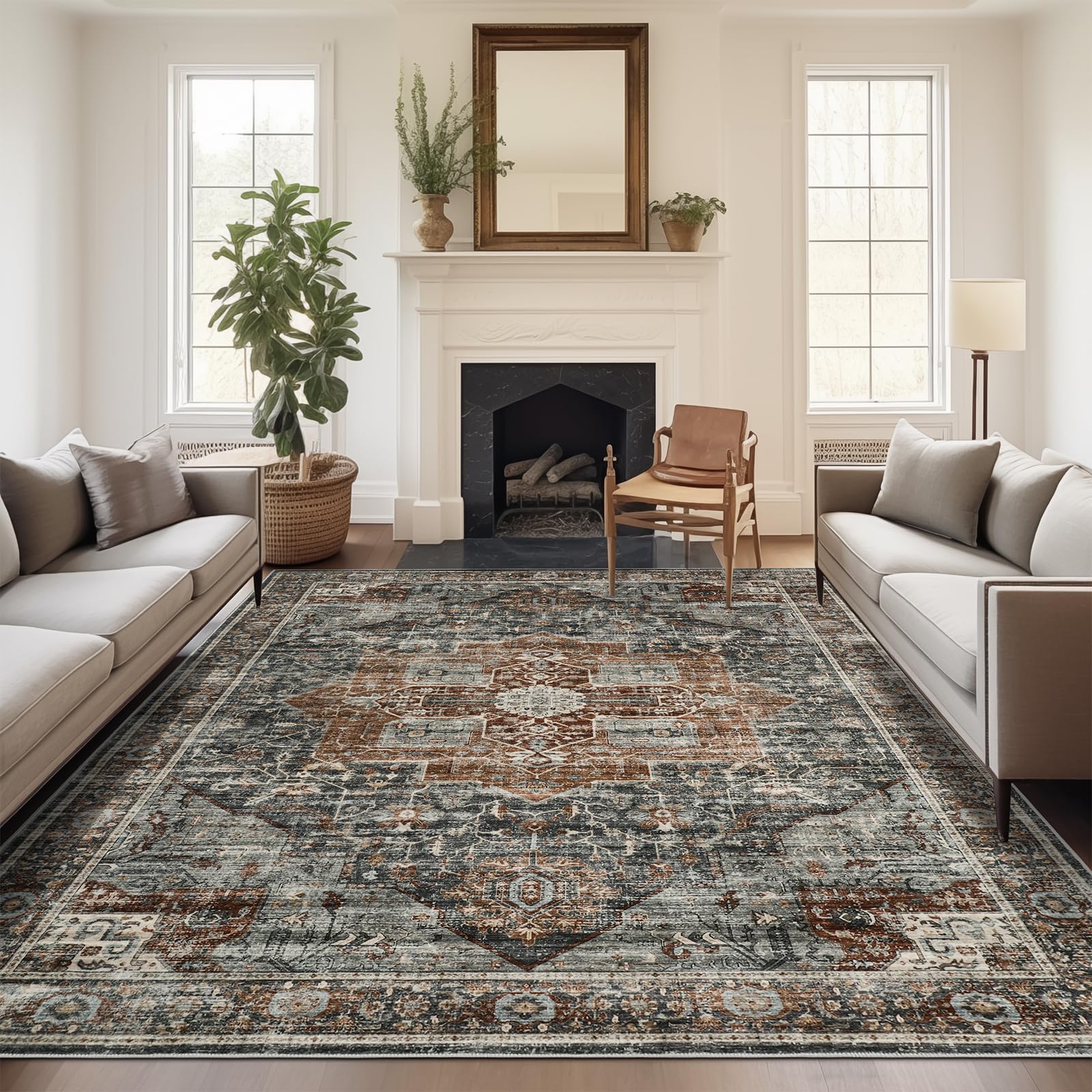 Photo 1 of Roxstand 4x6 Area Rug - Washable Dining Room Rug with Non-Slip Backing, Small Rugs for Entryway, Kitchen, Bedroom, Stain Resistant Vintage Rug for Room Decor (Grey/Brown/Tan, 4'x6')
