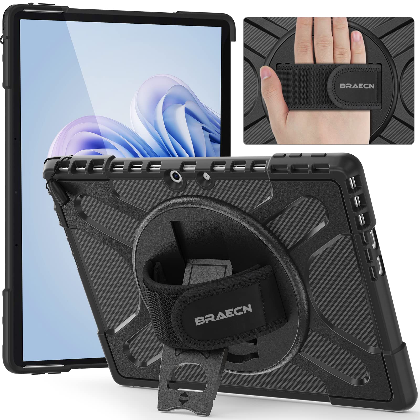 BRAECN Case for Microsoft Surface Pro 11/10/9 13 inch, Heavy Duty Rugged Protective Cover with 360° Rotating Kickstand & Hand Strap, Black