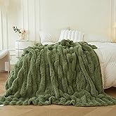 MEGO Fluffy Faux Rabbit Fur Bed Blanket, Soft Wide Stripe Plush Fuzzy Throw for Couch Sofa, Moss Green Shaggy Throw Bedroom Living Room, Large Furry Blanket for Kids Girls Adults, 60x90, Sage Green