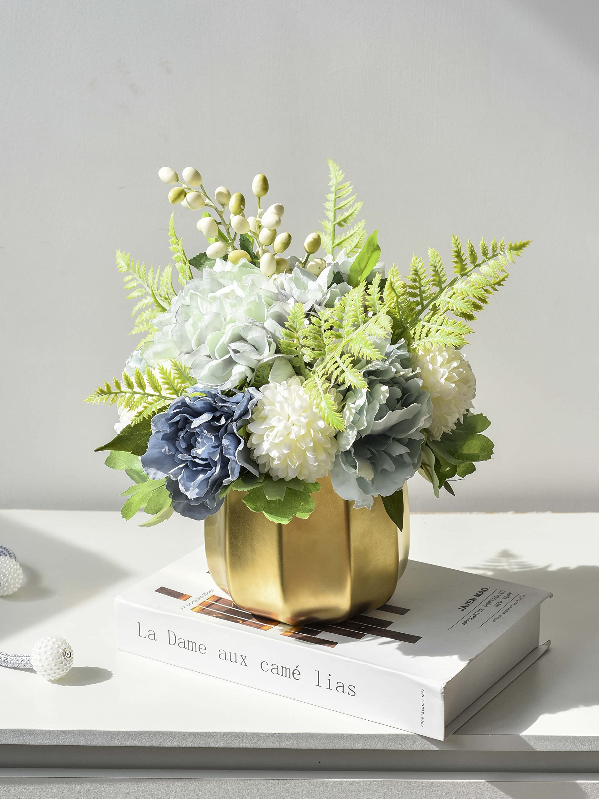 NAWEIDA Artificial Flowers with Vase,Fake Peony Flowers in Vase,Faux Hydrangea Flower Arrangements Home Office Decoration, Dining Table Centerpiece-Blue