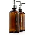 Cornucopia 16-Ounce Amber Glass Bottles w/Stainless Steel Pumps (2-Pack); Lotion & Soap Dispenser Brown Boston Round Bottles 