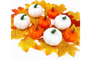 STPIYFZU Artificial Pumpkins for Decorating, 38 Pcs Fall Decor Set-8Pcs Mini Pumpkins Plastic Fake Pumpkins, 30Pcs Fake Maple Leaves for Thanksgiving Home Decor Fall Tables Centerpieces Fall Vase Bowl Fillers