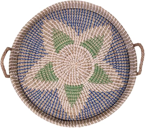Amazon Com Large Round Tray With Handles Blue Floral Seagrass For Coffee Table Centerpiece Or Wall 18 Inch Kitchen Dining
