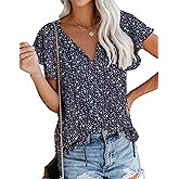 SimpleFun Women's Boho Tops Floral V Neck Short Sleeve Summer Blouse Shirts