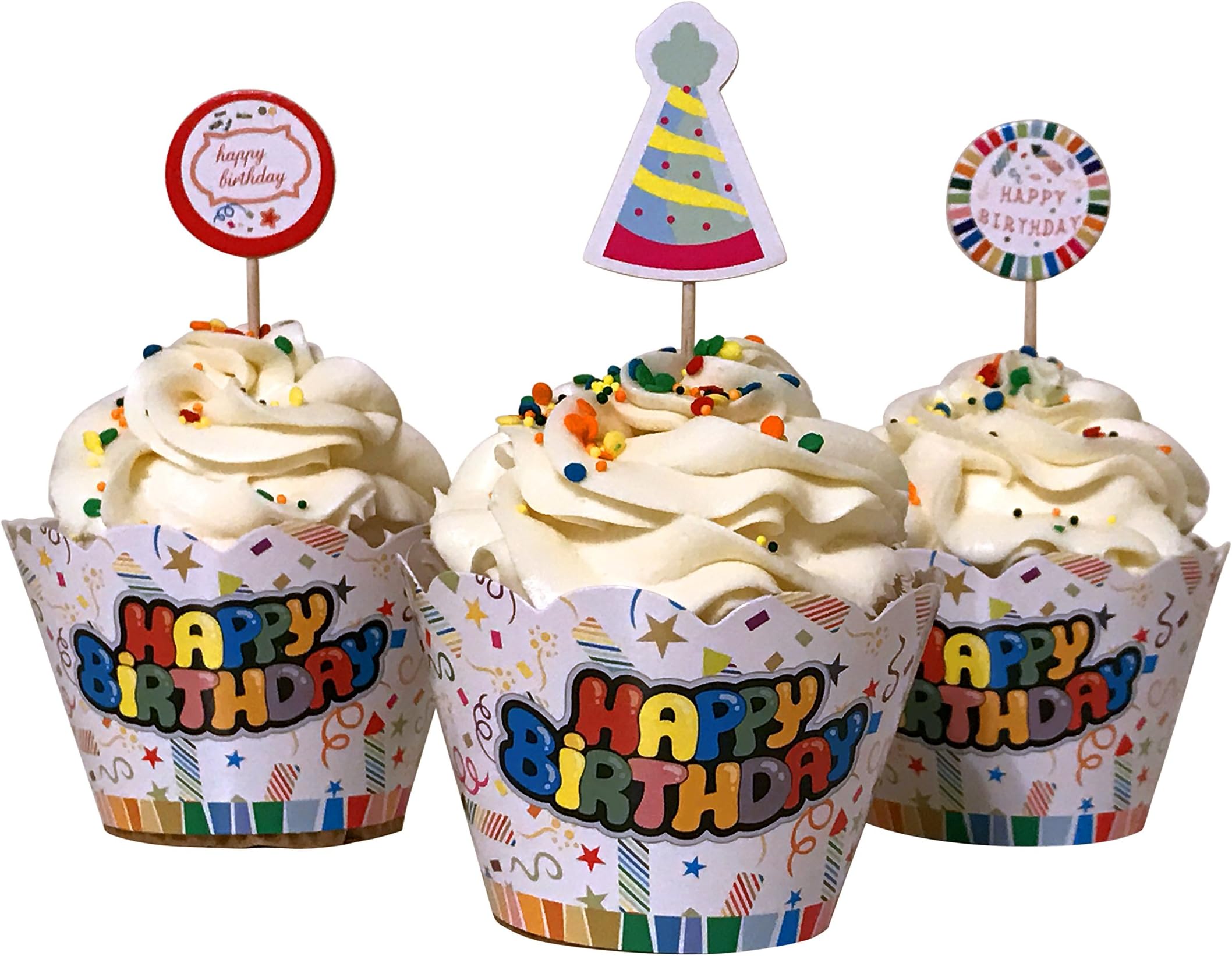Set of 12+12 Happy Birthday cupcake decoration wrappers and picks!