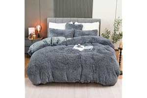 BLEUM CADE Fluffy Plush Duvet Cover Set , Luxury Ultra Soft Velvet Fuzzy Comforter Cover Bed Sets 4Pcs(1 Faux Fur Duvet Cover + 2 Pillow Cases + 1 Cover) Zipper Closure (Queen, Dark Gray)
