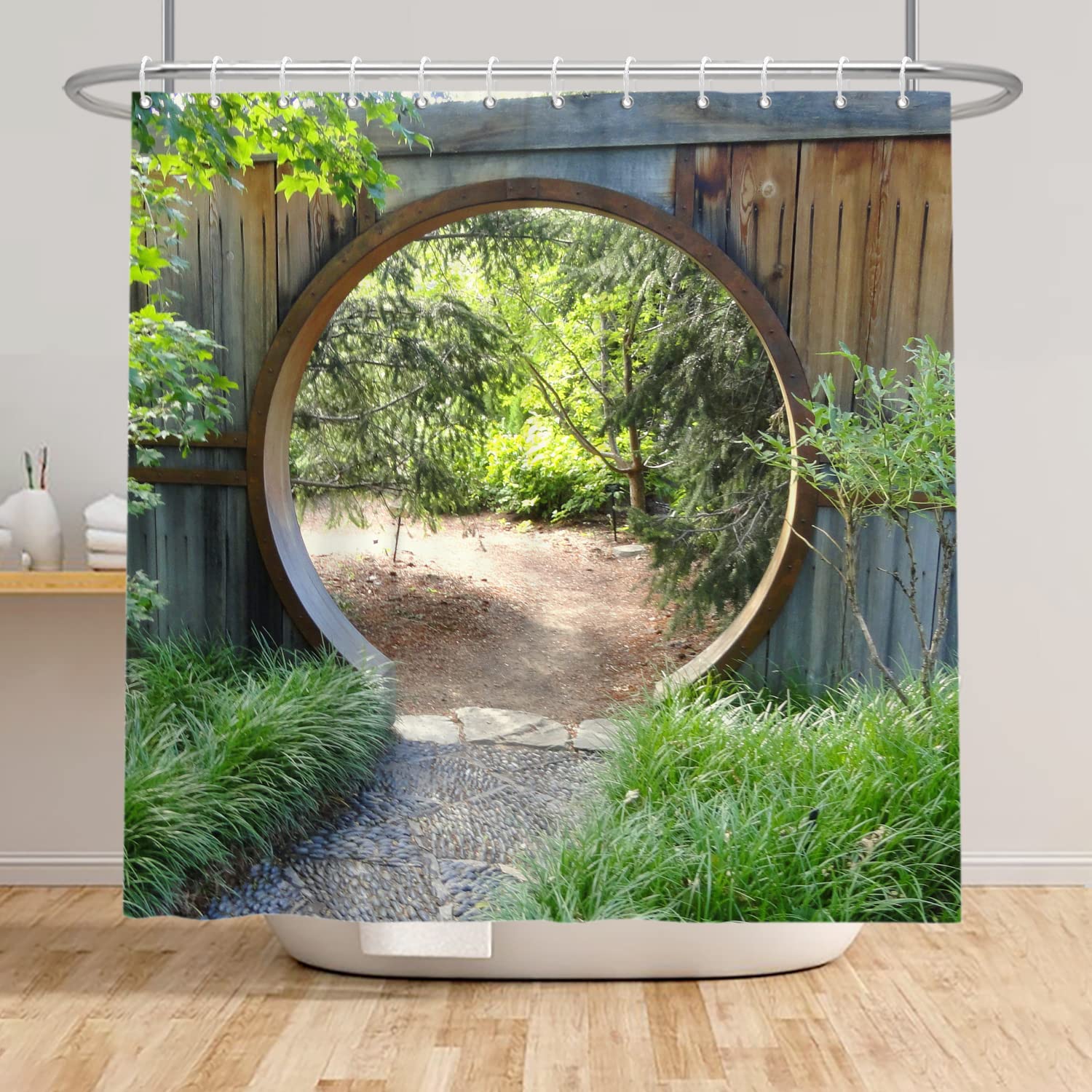 SDOTPMT 48x72inch Garden Scenery Shower Curtain Green Botany Leaves Natural Village Bath Curtain Round Wooden Door Farmhouse Vintage Bathtub Curtain for Bathroom Decor Fabric Polyester with Hooks