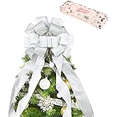 Christmas Tree Topper with Streamers, 48x13 Inches Large Toppers for Xmas Home Decor, Silver Polyester Decorative Bow for Christmas Decoration
