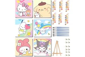 nekpiahu 6 Pack Cartoon Paint by Numbers for Kids with Framed Canvas-Cartoon Paint by Numbers for Kids Ages 4-8-12, Kid Paint by Number Crafts Kits for Home Wall Decor GIF 8X8incht(with Wooden Easel)
