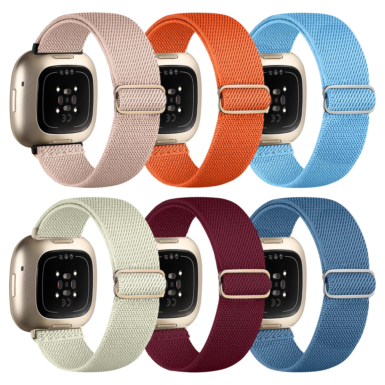 Chinbersky 6 Pack Compatible With Fitbit Versa 3/4 and Sense Straps - Soft Adjustable Stretch Nylon Sport Band for Women Men