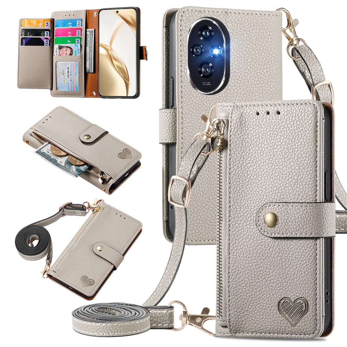 MOJIA Flip Case For Honor 200, Leather Zipper Flip Wallet Case Cover [with Shoulder Belt], Card Holder Multifunctional Anti-fall Phone Shell. Grey