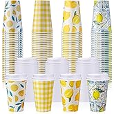 Jingmore 60 Pcs Lemon Disposable Coffee Cups with Lids 12 oz Yellow Lemon Paper Drinking Cup for Lemonade Stand Supplies Summer Party Hot Cold Beverage Water Juice