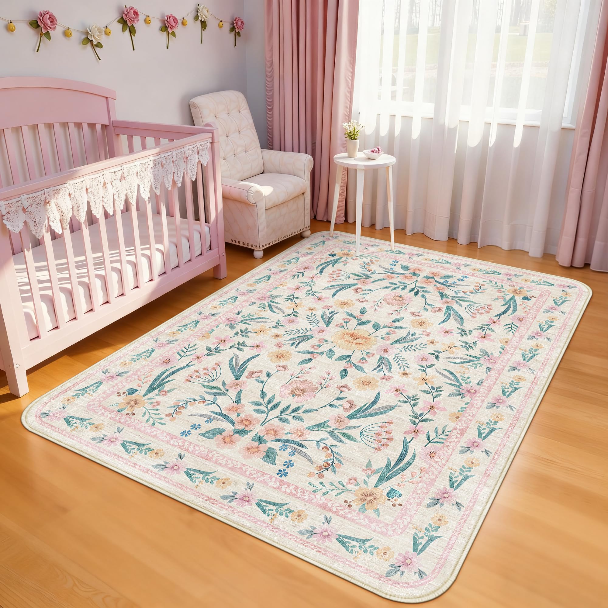 Photo 1 of *MINOR DAMAGE - USED*
Dadasgk Pink Floral Rug 6x9 for Living Room, Washable Non-Slip Area Rug for Girls Bedroom, or Dorm, Soft Boho Carpet for Playroom or Nursery, Cozy Flower Design for Home Décor