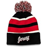 Jersey Hockey Beanie Hat - Alternate Black and Red Color with Pom Pom and Emboidered 3D Puff Script Comfortable and Fun Fan Gift.