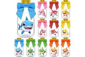 Ethisa Small 12 Pack Baby Shark Party Favors - Candy Jars with Ribbons and Stickers - DIY Party Decoration Bottles for Birthday, School Classroom, and Baby Shower - Table Centerpieces for Kids