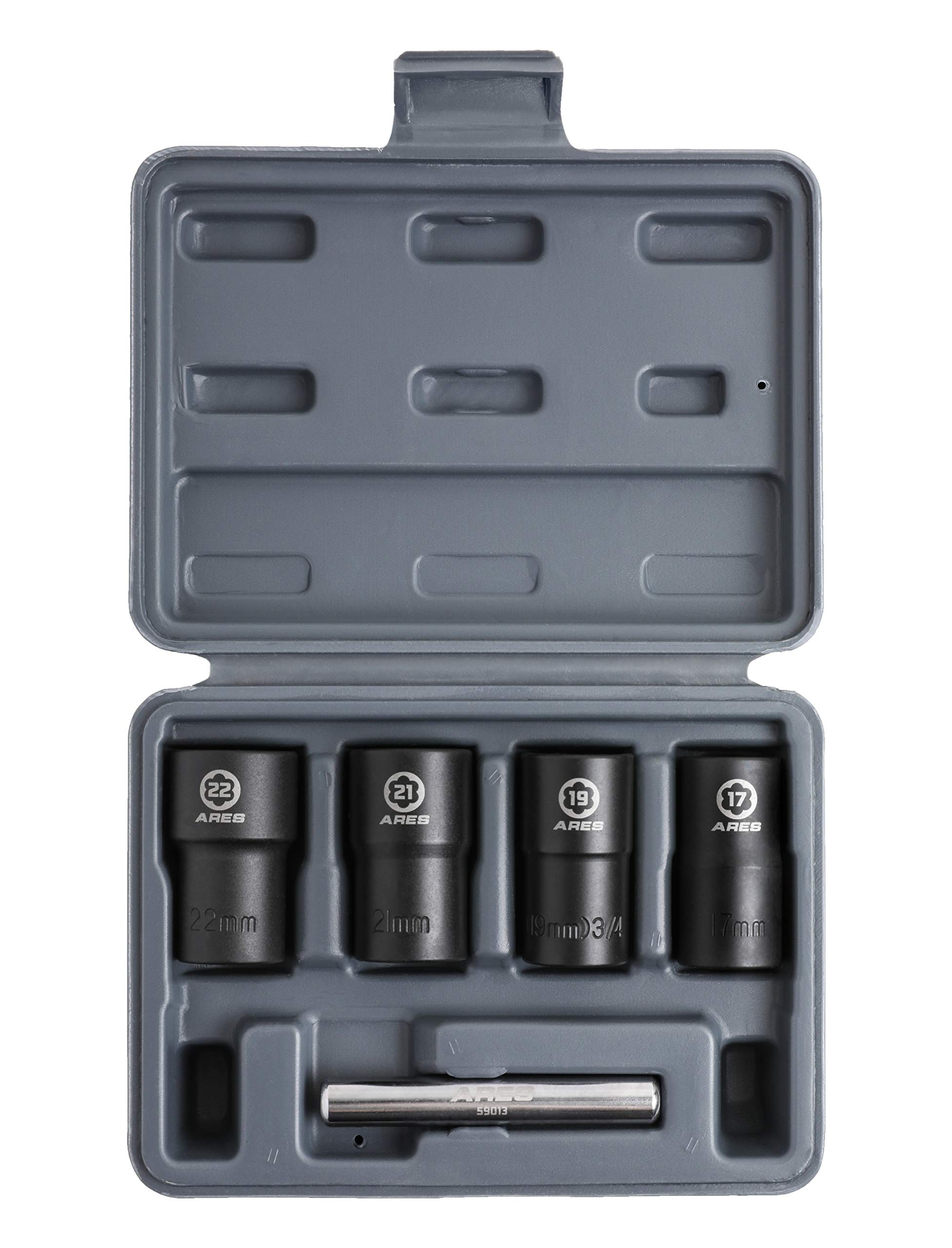 ARES 59013-5-Piece Damaged Lug Nut Remover Socket Set - Includes 17, 19, 21, and 22mm Sockets and 12mm Steel Bar – Twist Lug Nut Socket – Storage Case Included