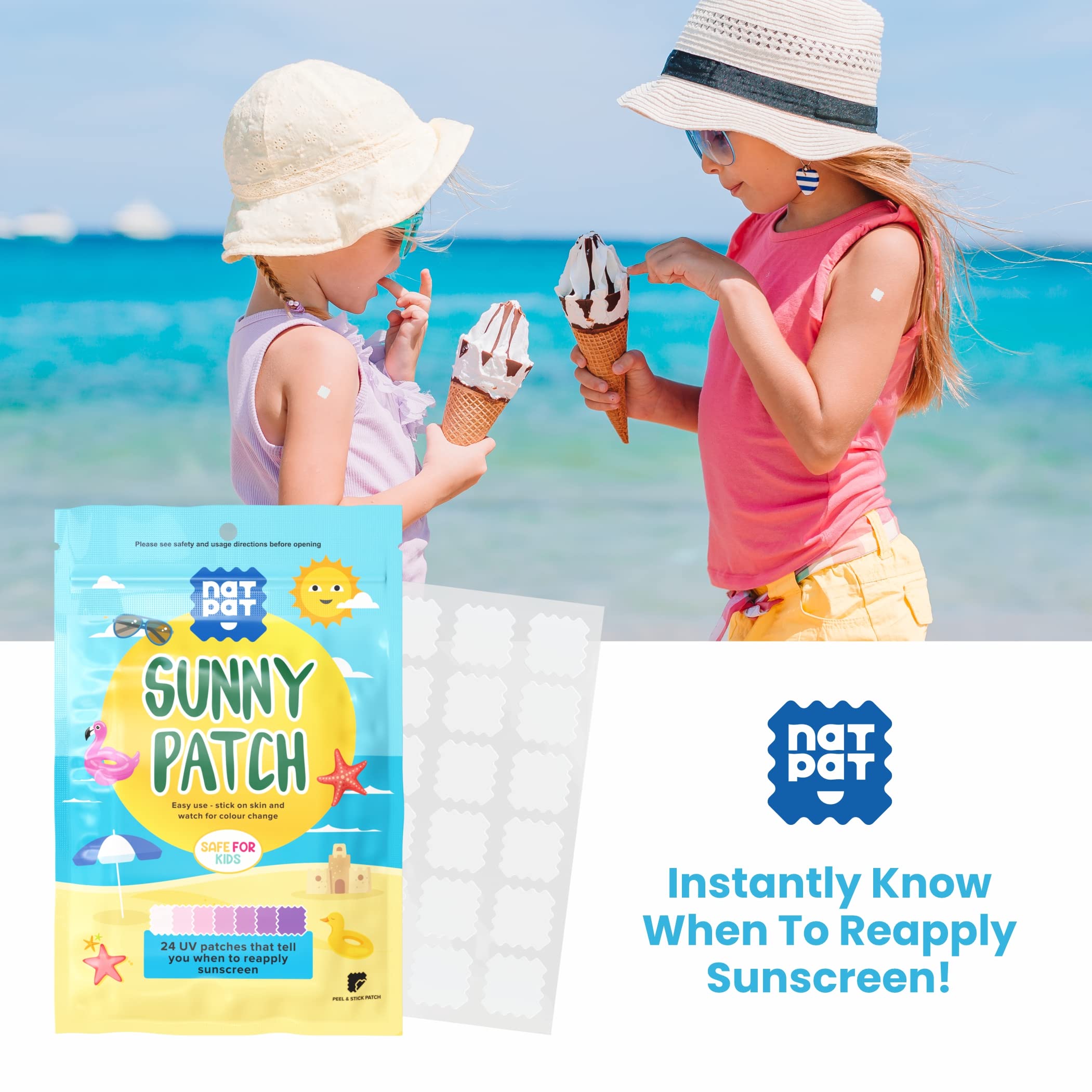 NATPAT Sunny Patch UV Detection Stickers Sunburn Prevention for Kids and Adults - Natural Waterproof Patches, Changes Color When Time To Reapply Your SunScreen - Buzz Patch Natural Patch (24 Pack)