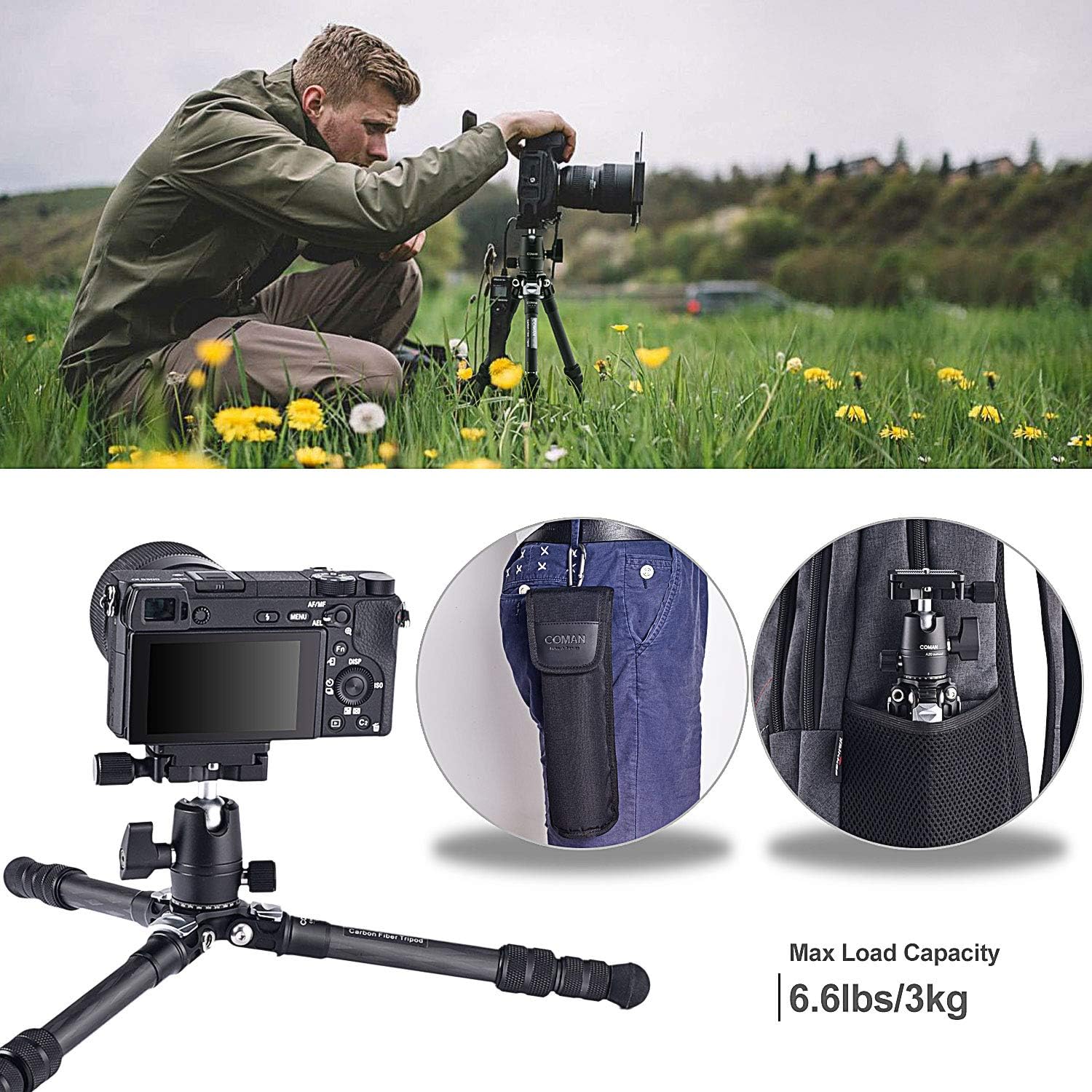 Carbon Fiber Tripod, COMAN Ultra Compact Lightweight Camera Tripod with 360° Panorama Ball Head for Cellphone, Camera and Gopro, Ideal for Vlog, YouTube or Travel, Phone Clip and Magic arm Included: Camera & Photo