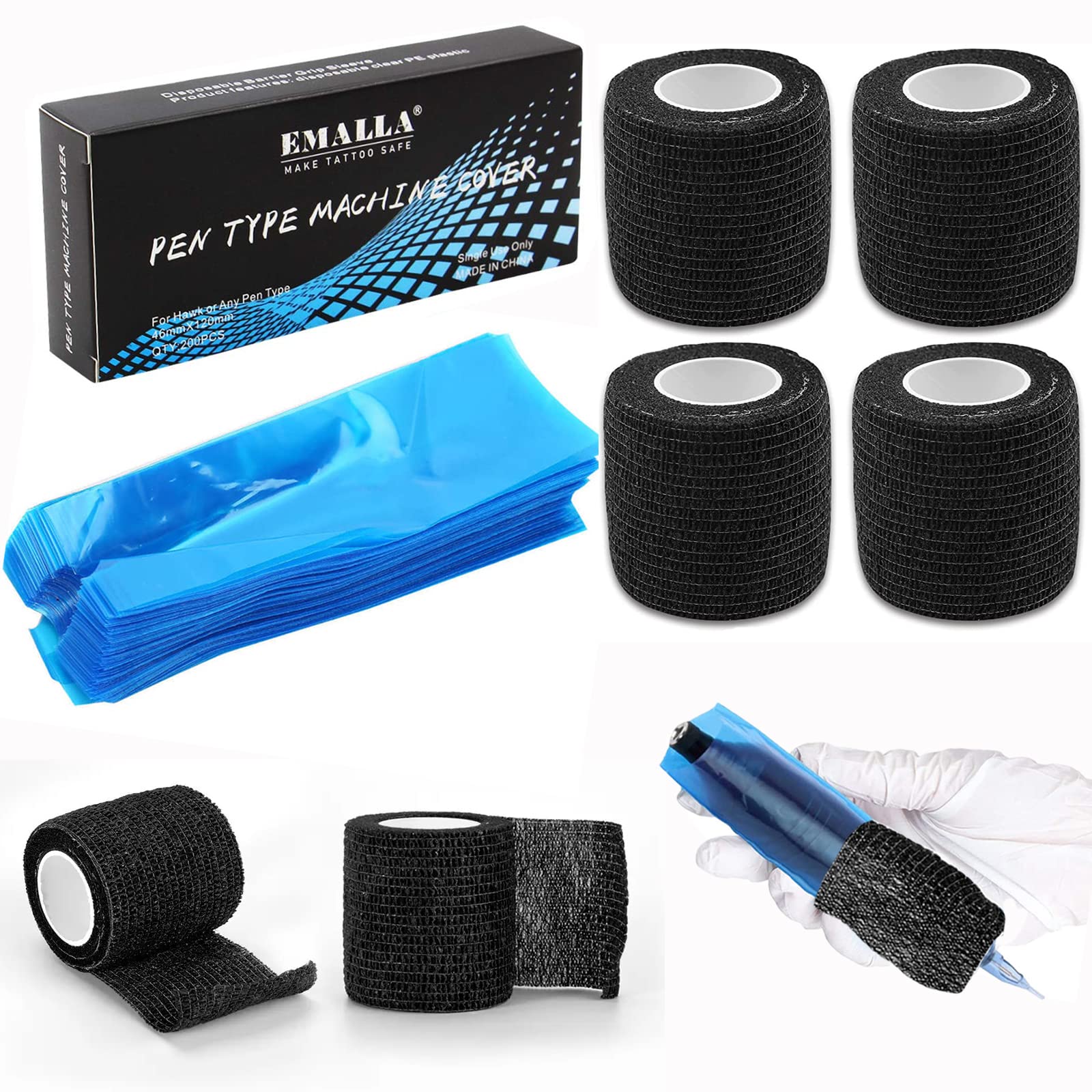 200pcs Machine Covers and 4pcs Grip Tape, Urknall Tattoo Pen Covers Grip Cover Barrier Sleeves Professional Tattoo Supplies