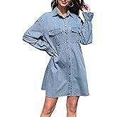 HUDILAN Women's Denim Shirt Dress Long Sleeve Button Down Casual Jean Dress with Elastic Cuffs