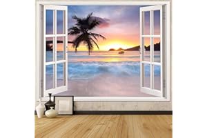 Leeisysme Beach Landscape Tapestry, Tropic Ocean Sea Island Palm Tree Seaside Tapestries for Living Room Summer Window Wall Hanging Yellow Wave 36×48 Inch